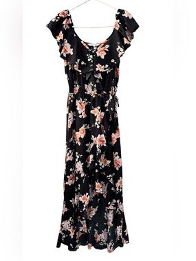 Indulge Black Floral Ruffle Off the Shoulder Summer Flowy Maxi Dress